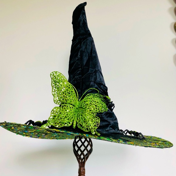 Witch hat, black satin Green sparkles, extra large, green butterfly & spiders OS - Picture 2 of 15